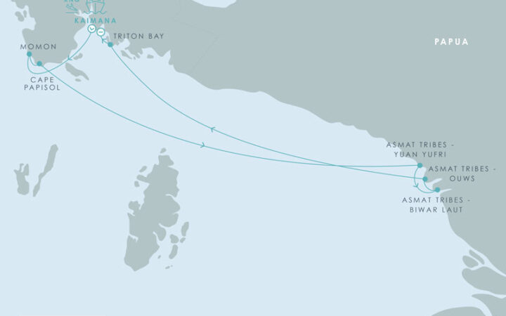 Route map of 8-day Aqua Blu West Papua & Asmat Tribe Expedition cruise, round-trip from Kaimana with visits to Triton Bay, Momon & Cape Papisol, Indonesia.