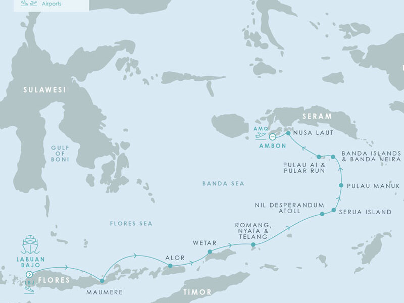 Route map of Aqua Blu Flores to Spice Islands Indonesia cruise, operating from Labuan Bajo to Ambon, with visits to Maumere; Alor; The Forgotten Islands of Wetar, Romang, Nyata & Telang; Serua Island; Nil Desperandum Atoll; Pulau Manuk; Banda Islands; Banda Neira; Pulau Ai & Pulau Run; and Nusa Laut.