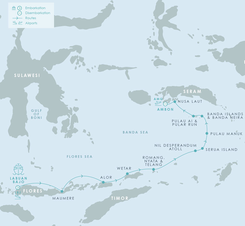 Route map of Aqua Blu Flores to Spice Islands Indonesia cruise, operating from Labuan Bajo to Ambon, with visits to Maumere; Alor; The Forgotten Islands of Wetar, Romang, Nyata & Telang; Serua Island; Nil Desperandum Atoll; Pulau Manuk; Banda Islands; Banda Neira; Pulau Ai & Pulau Run; and Nusa Laut.