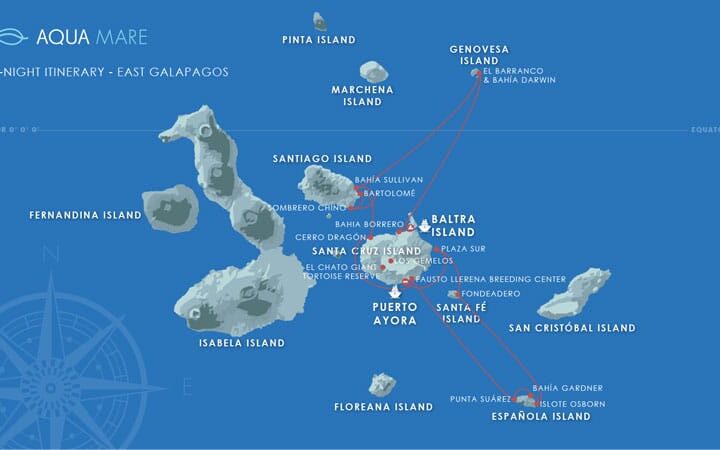 Route map of Aqua Mare East Galapagos Cruise from Baltra to Santa Cruz with visits to Genovesa, Santiago, Espanola, Santa Fe & South Plaza.
