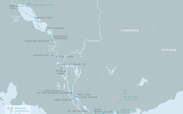 Route map of Aqua Mekong River Cruise 8-Day High-Water Down-River small ship expedition from Siem Reap, Cambodia to Ho Chi Minh City (Saigon), Vietnam, with stops at Tonle Sap Lake, Phnom Penh, My An Hung, Binh Thanh, Sa Dec, Cai Be & My Tho.