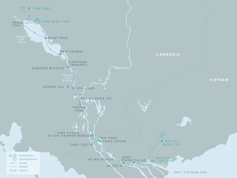 Route map of Aqua Mekong River Cruise 8-Day High-Water Down-River small ship expedition from Siem Reap, Cambodia to Ho Chi Minh City (Saigon), Vietnam, with stops at Tonle Sap Lake, Phnom Penh, My An Hung, Binh Thanh, Sa Dec, Cai Be & My Tho.