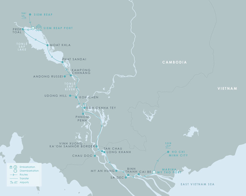 Route map of Aqua Mekong River Cruise 8-Day High-Water Down-River small ship expedition from Siem Reap, Cambodia to Ho Chi Minh City (Saigon), Vietnam, with stops at Tonle Sap Lake, Phnom Penh, My An Hung, Binh Thanh, Sa Dec, Cai Be & My Tho.