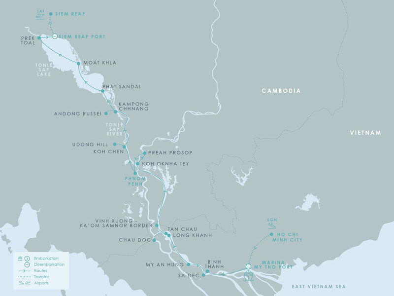 Route map of Aqua Mekong River Cruise 8-Day High-Water Up-River small ship expedition from Ho Chi Minh City (Saigon), Vietnam to Siem Reap, Cambodia, with stops at My Tho, Binh Thanh, Sa Dec, My An Hung, Chau Doc, Vinh Xuong, Koh Oknha Tey, Preah Prosop, Phnom Penh, Koh Chen, Kampong Chhnang, Phat Sandai, Moat Khla, Prek Toal & Tonle Sap Lake.