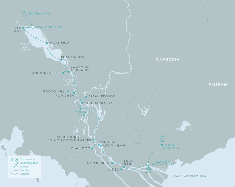 Route map of Aqua Mekong River Cruise 8-Day High-Water Up-River small ship expedition from Ho Chi Minh City (Saigon), Vietnam to Siem Reap, Cambodia, with stops at My Tho, Binh Thanh, Sa Dec, My An Hung, Chau Doc, Vinh Xuong, Koh Oknha Tey, Preah Prosop, Phnom Penh, Koh Chen, Kampong Chhnang, Phat Sandai, Moat Khla, Prek Toal & Tonle Sap Lake.