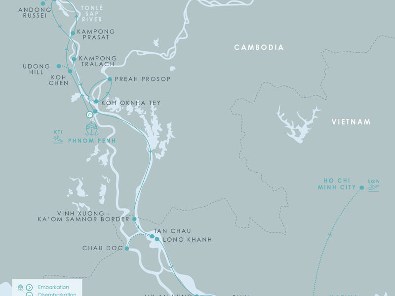 Route map of Aqua Mekong River Cruise 8-Day Low-Water Down-River small ship expedition from Siem Reap, Cambodia, to Ho Chi Minh City (Saigon), Vietnam, with stops at Phnom Penh, Koh Chen, Udong, Kampong Prasat, Kampon Chhnang, Kampong Tralach, Koh Oknha Tey, Preah Prosop, Chau Doc, My An Hung, Binh Thanh, Sa Deck, Cai Be & My Tho.