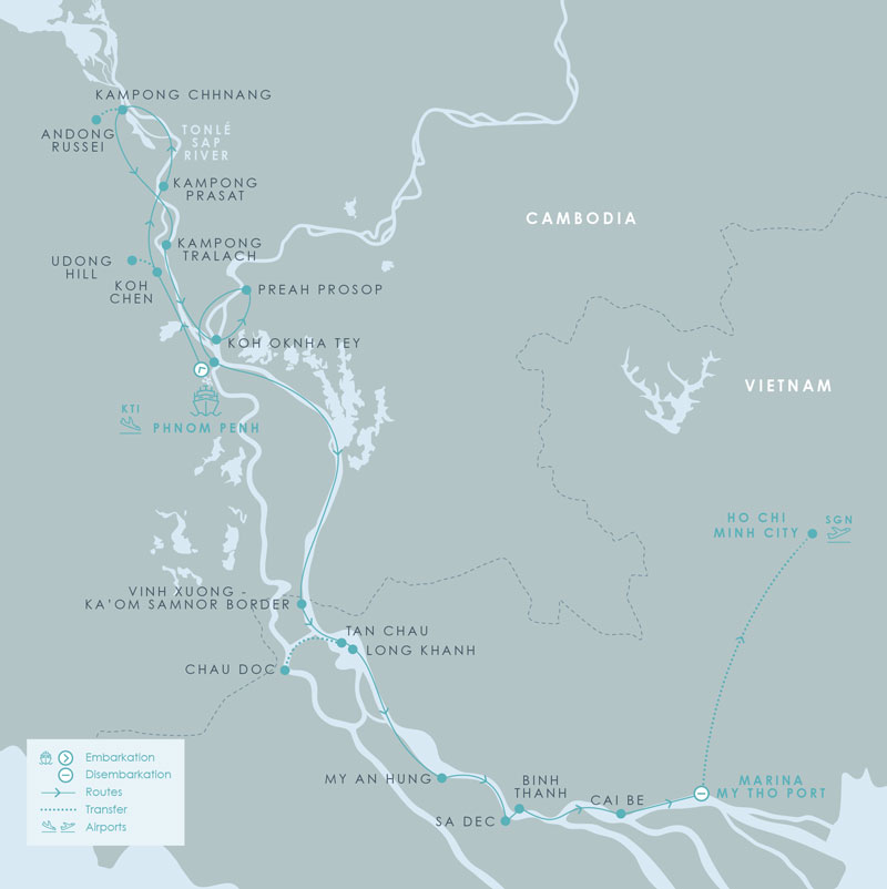 Route map of Aqua Mekong River Cruise 8-Day Low-Water Down-River small ship expedition from Siem Reap, Cambodia, to Ho Chi Minh City (Saigon), Vietnam, with stops at Phnom Penh, Koh Chen, Udong, Kampong Prasat, Kampon Chhnang, Kampong Tralach, Koh Oknha Tey, Preah Prosop, Chau Doc, My An Hung, Binh Thanh, Sa Deck, Cai Be & My Tho.