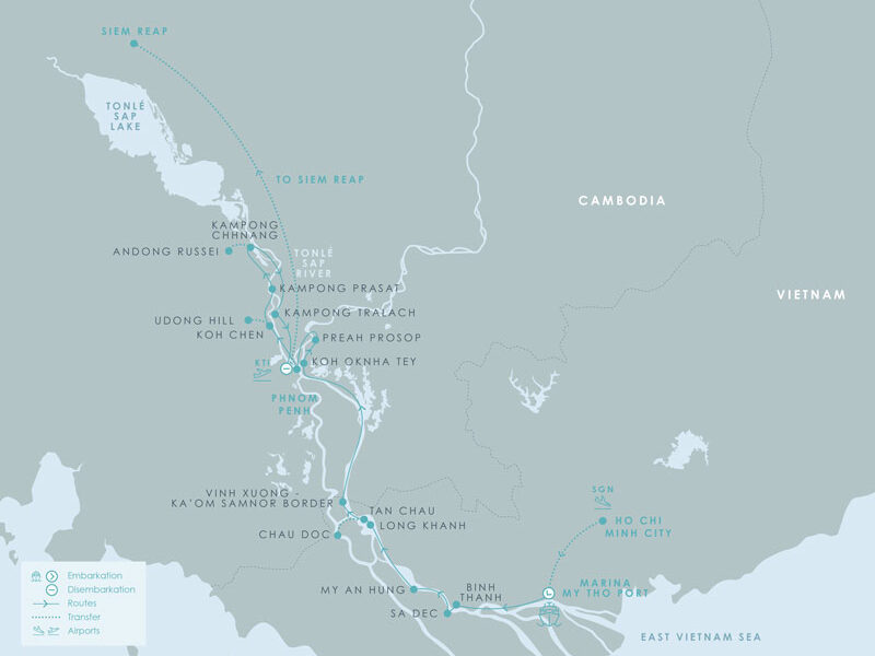 Route map of Aqua Mekong River Cruise 8-Day Low-Water Up-River small ship expedition from Ho Chi Minh City (Saigon), Vietnam, to Siem Reap, Cambodia, with stops at My Tho, Binh Thanh, Sa Dec, My An Hung, Chau Doc, Koh Oknha Tey, Preah Prosop, Phnom Penh, Koh Chen, Udong, Kampong Prasat, Kampong Chhnang & Kampong Tralach.