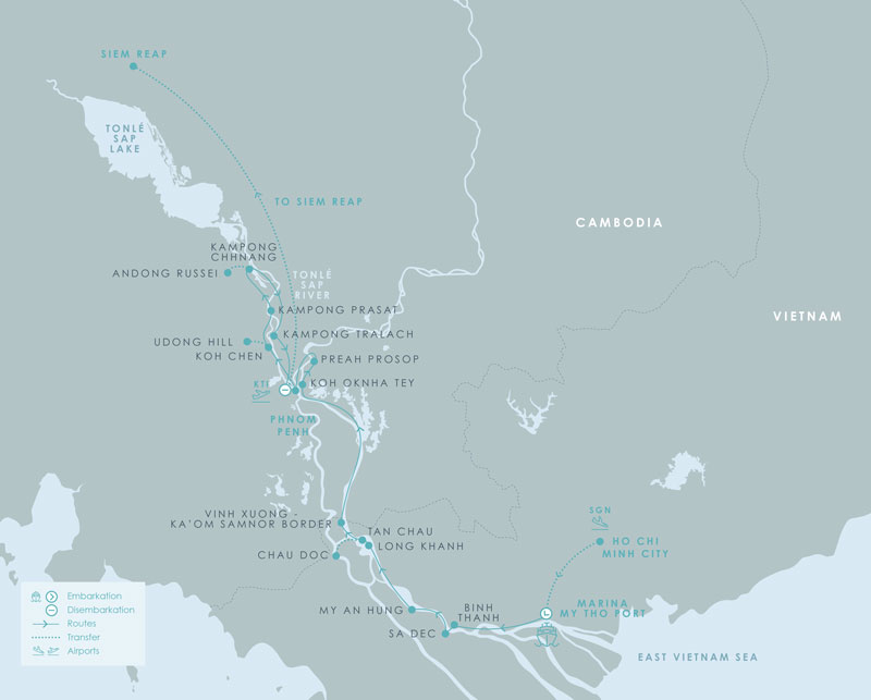 Route map of Aqua Mekong River Cruise 8-Day Low-Water Up-River small ship expedition from Ho Chi Minh City (Saigon), Vietnam, to Siem Reap, Cambodia, with stops at My Tho, Binh Thanh, Sa Dec, My An Hung, Chau Doc, Koh Oknha Tey, Preah Prosop, Phnom Penh, Koh Chen, Udong, Kampong Prasat, Kampong Chhnang & Kampong Tralach.