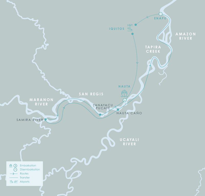 Route map for 5-day High Water Aqua Nera Peru Amazon River Cruise Itinerary