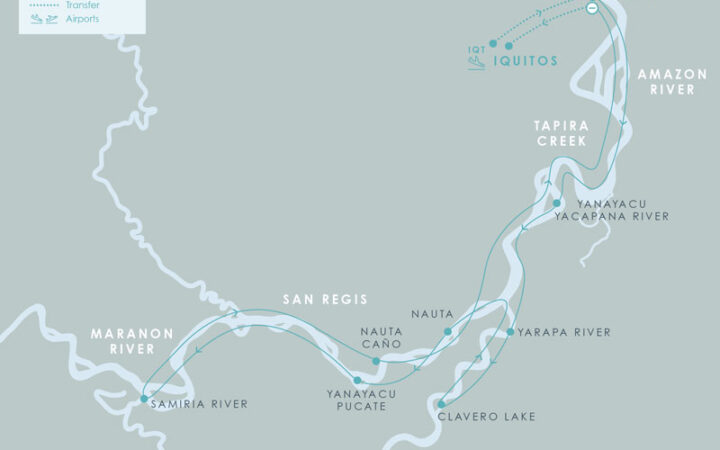 Route map for 8-day High Water Aqua Nera Peru Amazon River Cruise Itinerary