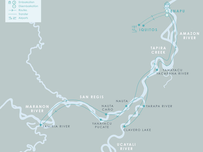 Route map for 8-day High Water Aqua Nera Peru Amazon River Cruise Itinerary