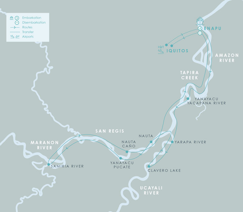 Route map for 8-day High Water Aqua Nera Peru Amazon River Cruise Itinerary