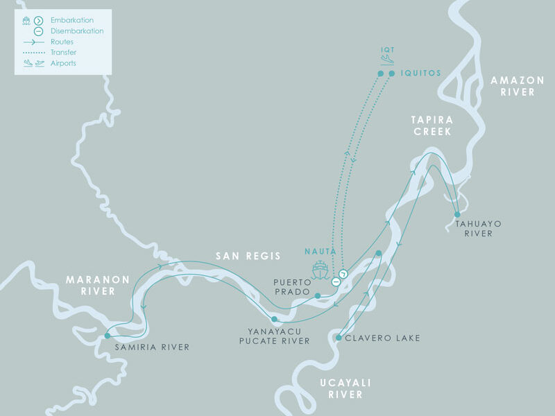 Route map for 8-day Low Water Aqua Nera Peru Amazon River Cruise Itinerary