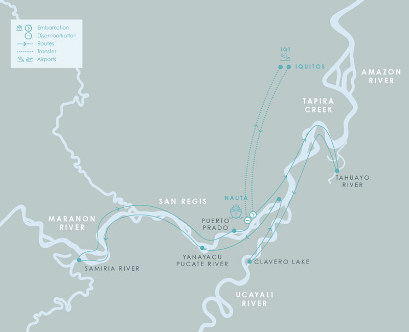 Route map for 8-day Low Water Aqua Nera Peru Amazon River Cruise Itinerary