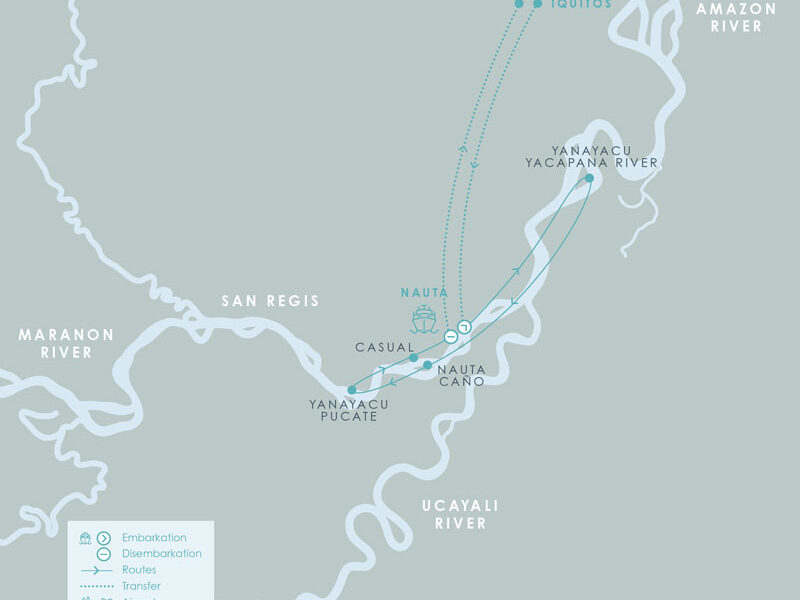 Route map of Aria Amazon River Cruise 4-day high-water itinerary, round-trip from Iquitos, Peru, sailing round-trip from Nauta with visits along the Maranon river.
