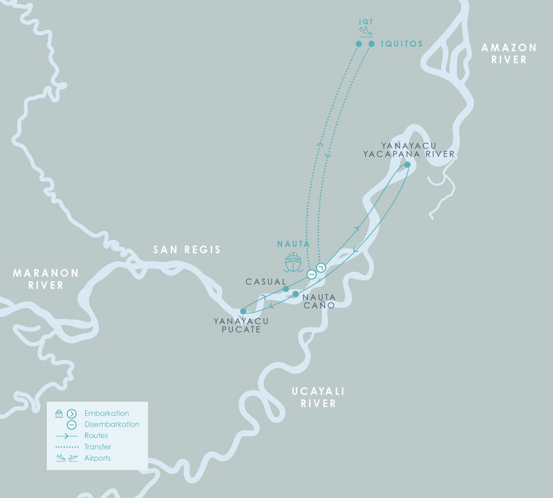 Route map of Aria Amazon River Cruise 4-day high-water itinerary, round-trip from Iquitos, Peru, sailing round-trip from Nauta with visits along the Maranon river.