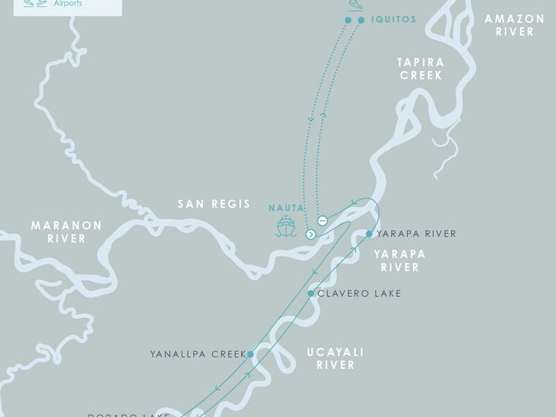 Route map of Aria Amazon River Cruise 5-day high-water itinerary, round-trip from Iquitos, Peru, sailing round-trip from Nauta with visits along the Ucayali river.