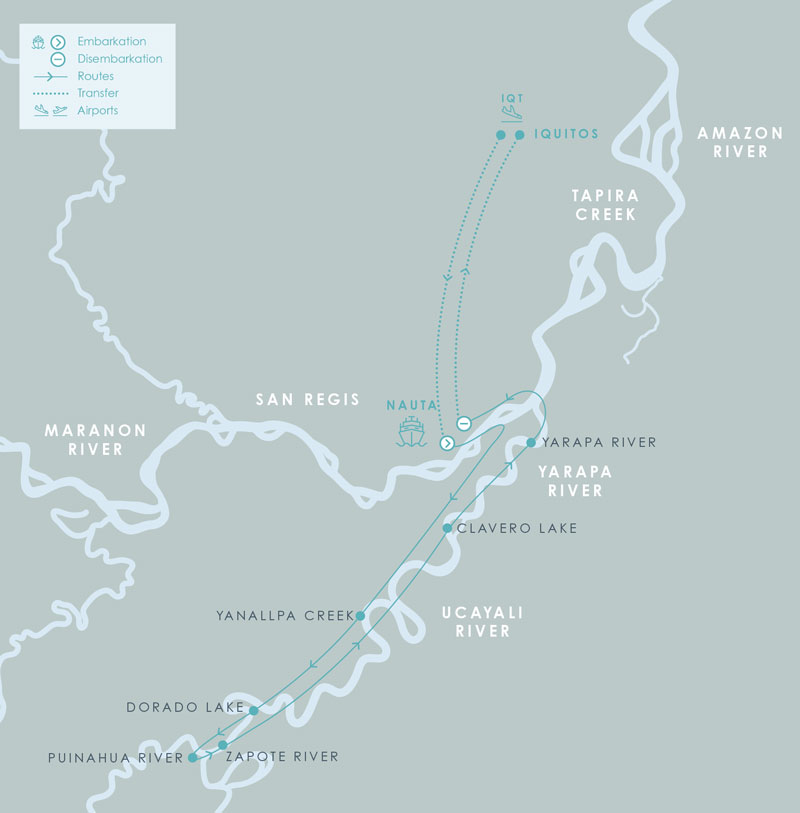 Route map of Aria Amazon River Cruise 5-day high-water itinerary, round-trip from Iquitos, Peru, sailing round-trip from Nauta with visits along the Ucayali river.