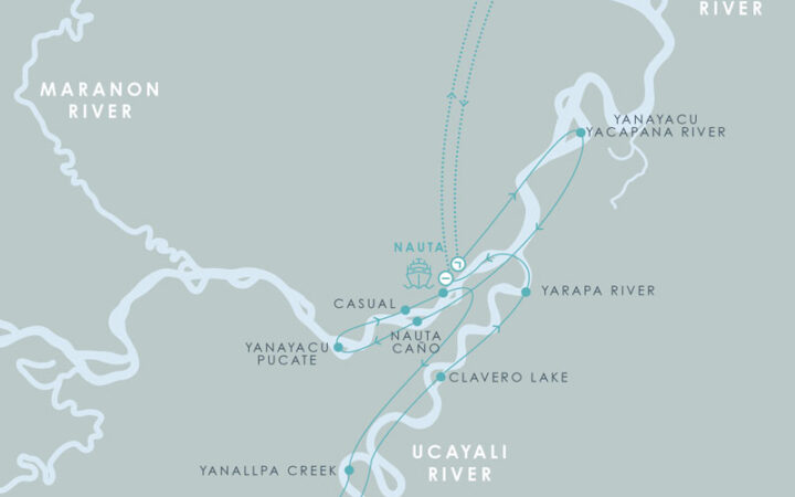 Route map of Aria Amazon River Cruise 8-day high-water itinerary, round-trip from Iquitos, Peru, sailing round-trip from Nauta with visits along the Maranon & Ucayali rivers.