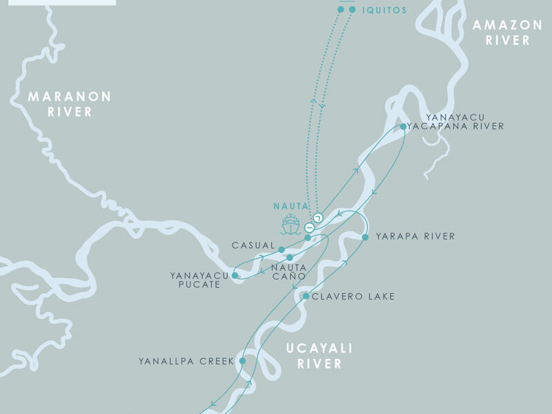 Route map of Aria Amazon River Cruise 8-day high-water itinerary, round-trip from Iquitos, Peru, sailing round-trip from Nauta with visits along the Maranon & Ucayali rivers.
