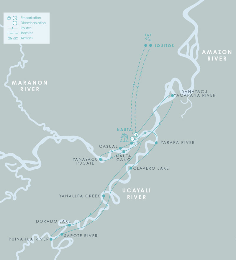 Route map of Aria Amazon River Cruise 8-day high-water itinerary, round-trip from Iquitos, Peru, sailing round-trip from Nauta with visits along the Maranon & Ucayali rivers.