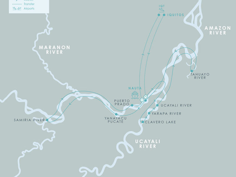 Route map of Aria Amazon River Cruise 8-day low-water itinerary, round-trip from Iquitos, Peru, sailing round-trip from Nauta with visits along the Amazon, Maranon & Ucayali rivers.