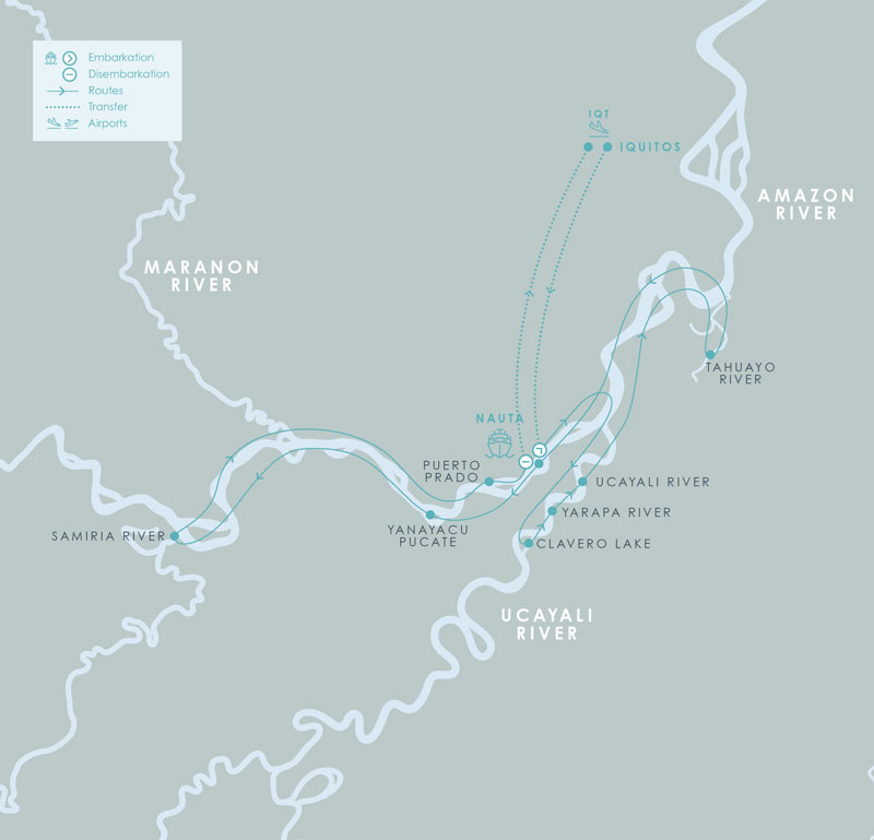 Route map of Aria Amazon River Cruise 8-day low-water itinerary, round-trip from Iquitos, Peru, sailing round-trip from Nauta with visits along the Amazon, Maranon & Ucayali rivers.