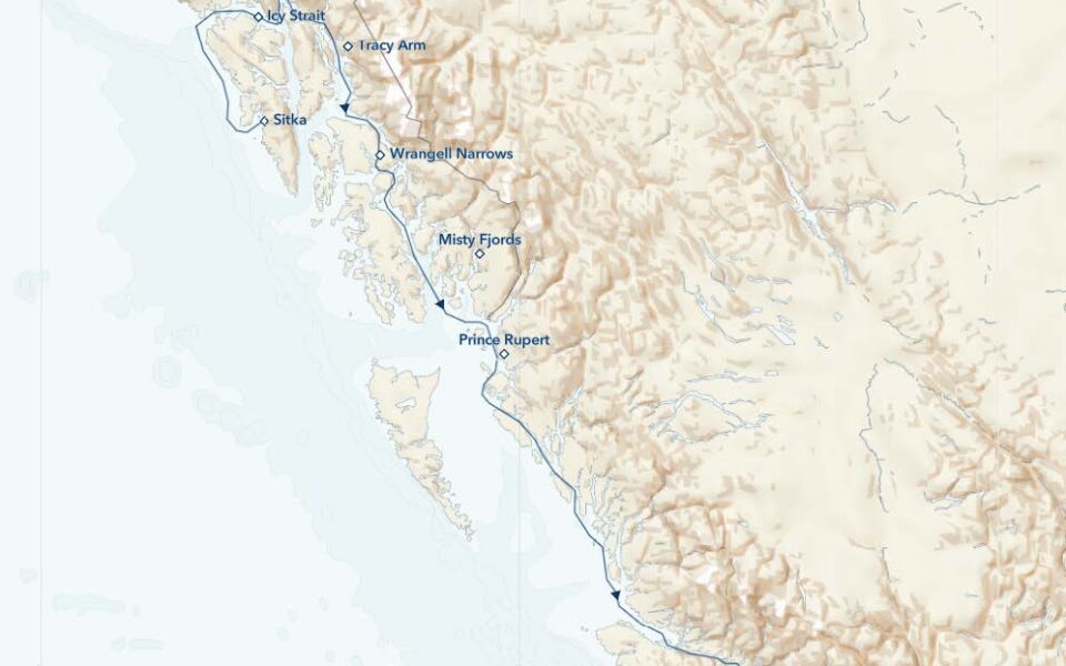 Route map of Alaska's Inside Passage, Haines & Prince Rupert cruise from Sitka to Vancouver.