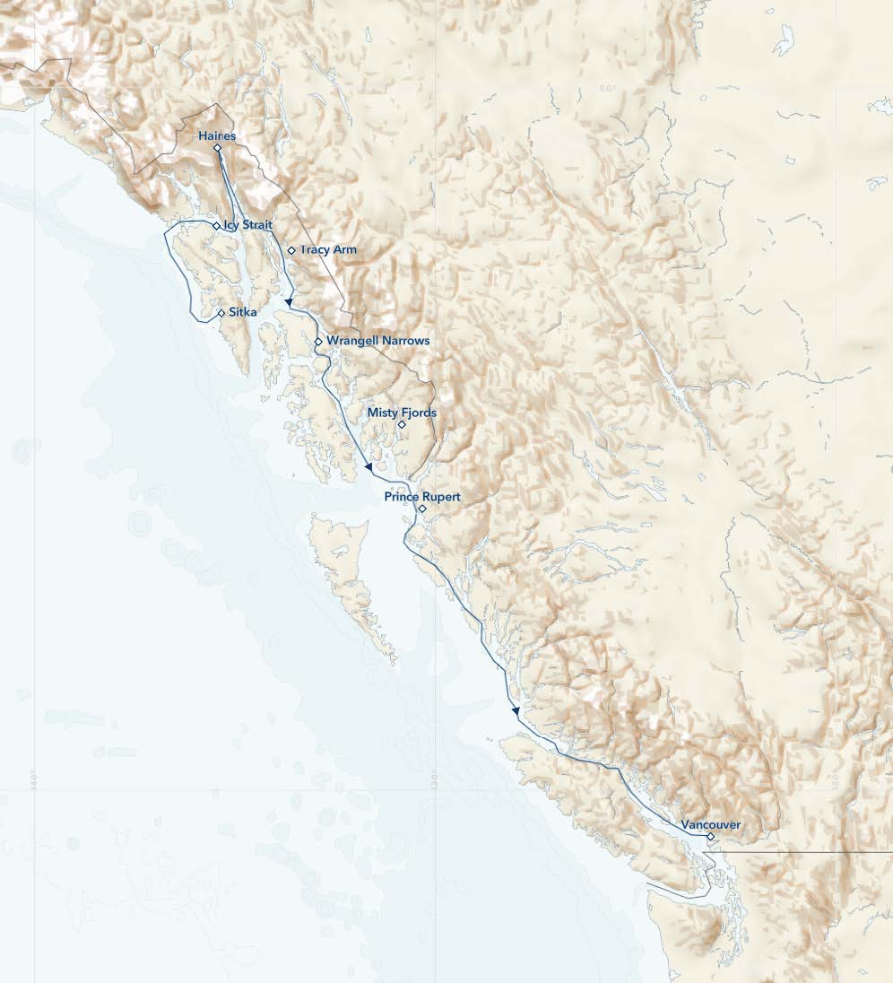 Route map of Alaska's Inside Passage, Haines & Prince Rupert cruise from Sitka to Vancouver.