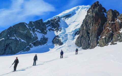 group of adventure travelers walks up a snowy mountain on a sunny day in antarctica