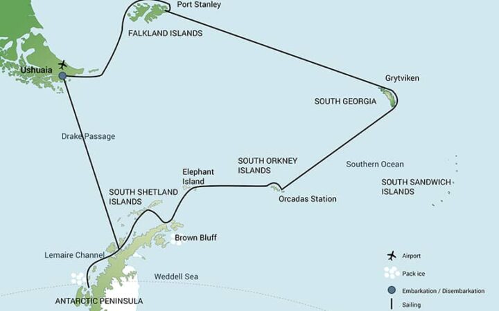 Route map of South Georgia & Polar Circle Wildlife Cruise in Antarctica, including visits to the Falklands, South Orkney Islands, Elephant Island & the Peninsula.