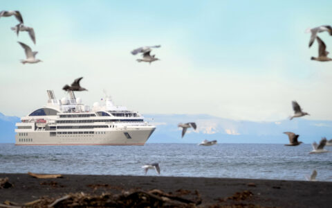 Small ship with gray & red hull cruises past dark shoreline as seagulls fly above during a cruise to Greenland & Baffin Bay.