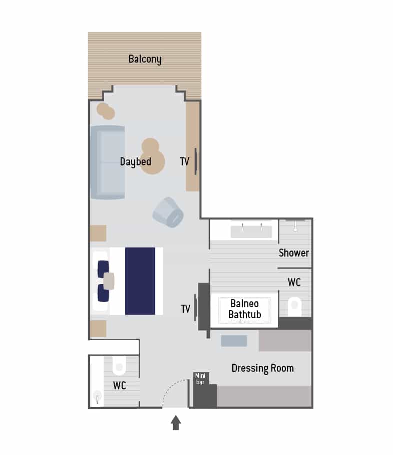 Layout of Grand Prestige Suite aboard Le Commandant Charcot hybrid electric ship with double bed, couch, 2 bathrooms & large closet.