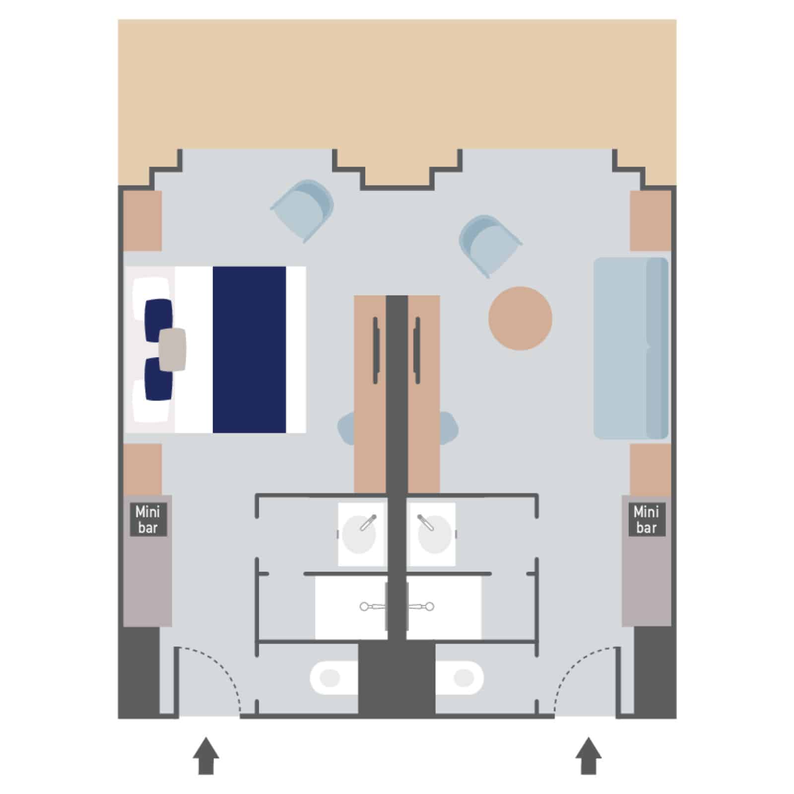 Layout of Prestige Suite aboard Le Commandant Charcot hybrid electric ship with interconnecting rooms, double bed, couch, 2 bathrooms, 2 closets & 2 doorways to a double balcony.