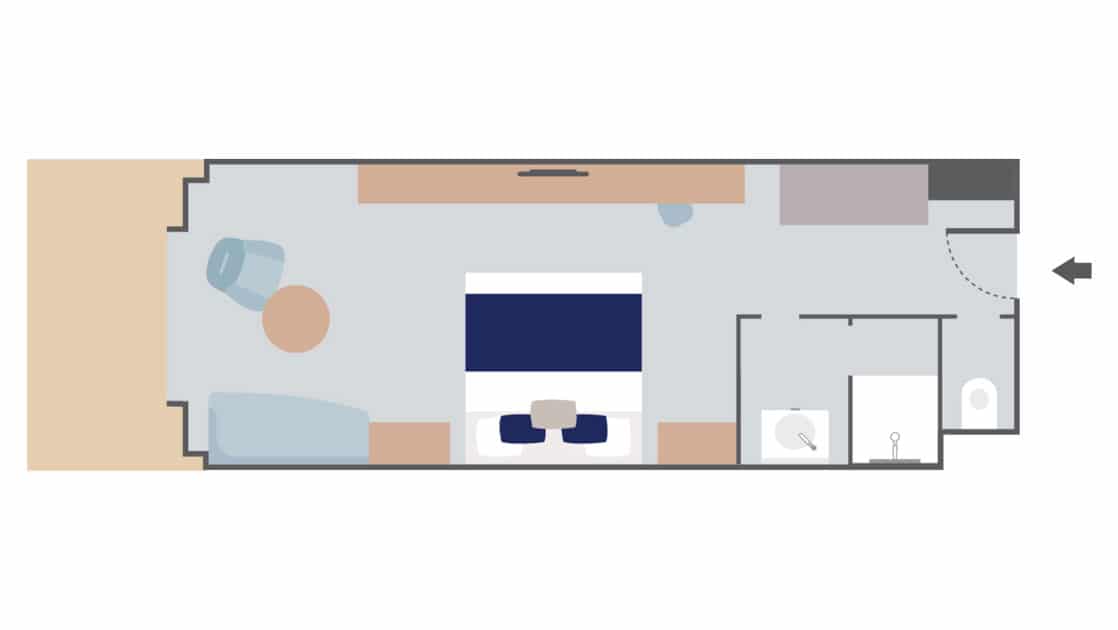 Layout of Privilege Stateroom aboard Le Commandant Charcot hybrid electric ship with double bed, couch, bathroom & closet.