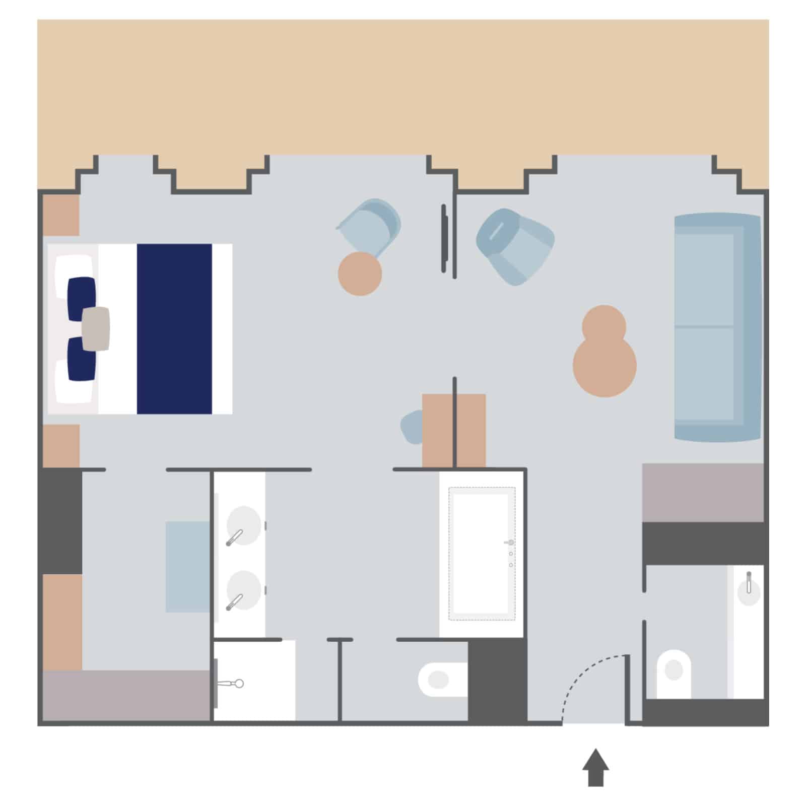 Layout of Privilege Suite aboard Le Commandant Charcot hybrid electric ship with one large room, double bed, couch & separate seating area, 2 bathrooms (1 with tub), walk-in closet & 3 doorways to a large balcony.