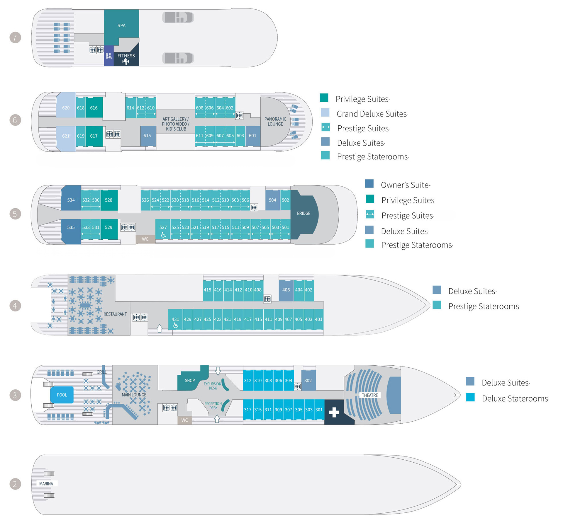 Deck plan of 184-guest Explorer sister ships Le Bellot, Le Bougainville, Le Dumont D'Urville & Le Jacques Cartier French luxury expedition ships, showing 4 passenger decks with 88 staterooms & 4 suites.