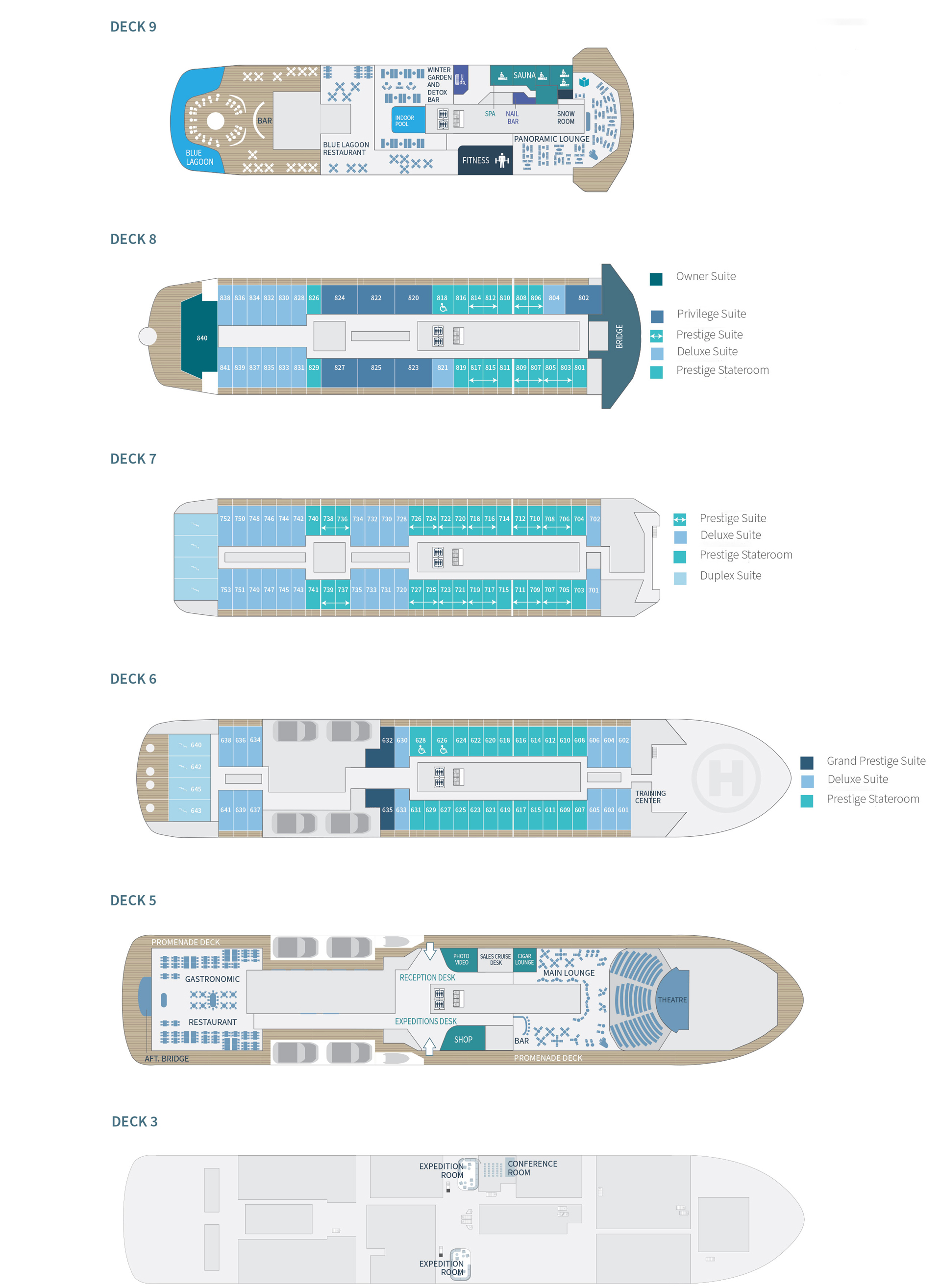 Deck plan of Ponant Commandant Charcot polar hybrid electric ship, showing cabin decks 3 & 5-9.