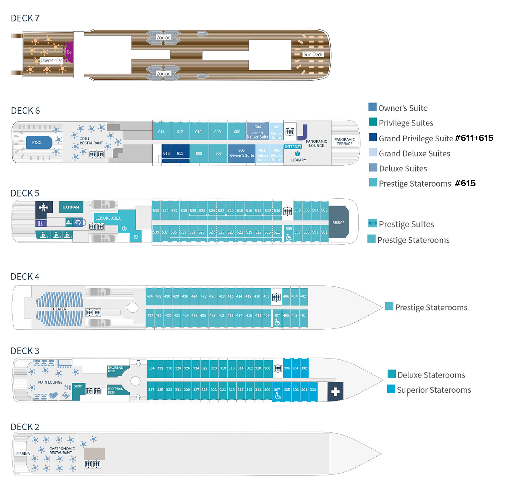 Deck plan of Le Lyrial expedition ship, showing 132 staterooms across 6 guest decks.
