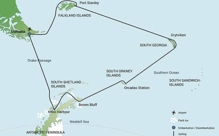 Route map of Falklands, South Georgia & Antarctica small ship cruise, operating roundtrip from Ushuaia, Argentina with stops at the Falkland Islands, South Georgia, the South Orkney Islands and the Antarctic Peninsula.