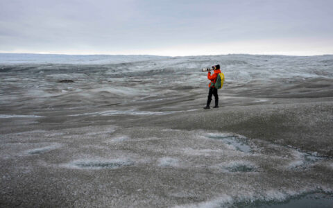Greenland: Disko Bay cruise guest stands & photographs gray glacier on a cloudy day in the Arctic.