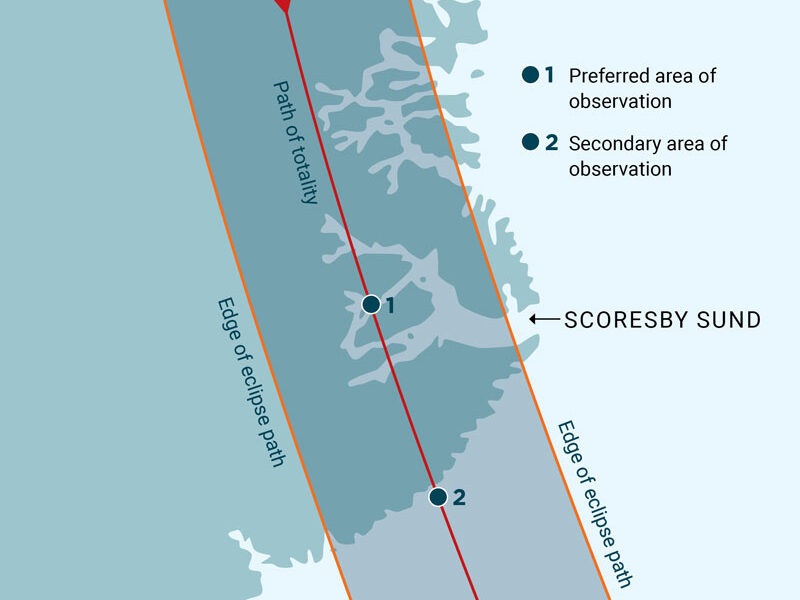 Map showing the path of totality & where the ship aims to be positioned within it, in Scoresby Sund, on the Northeast Greenland Solar Eclipse Explorer Voyage.