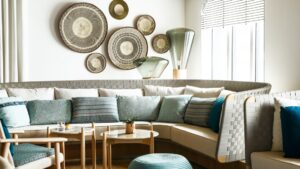 Wraparound couches with woven gray backs & many pillows bask in sunlight under woven bowls affixed to the wall above, on Le Jacques Cartier luxury ship.