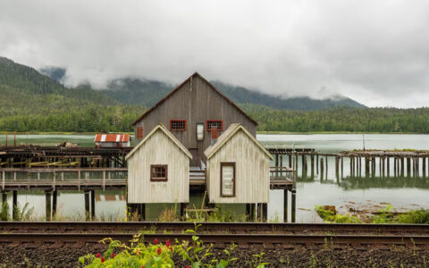 North Pacific Cannery National Historic Site in british columbia on a clpudy calm day next to the railroad