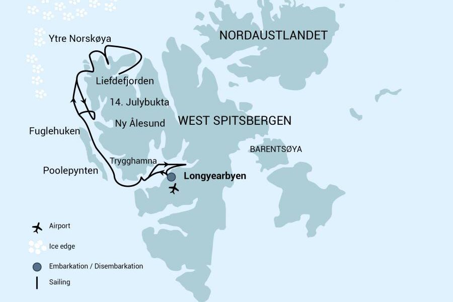 Route map of North Spitsbergen Arctic Summer small ship cruise, operating round-trip from Longyearbyen, Norway.