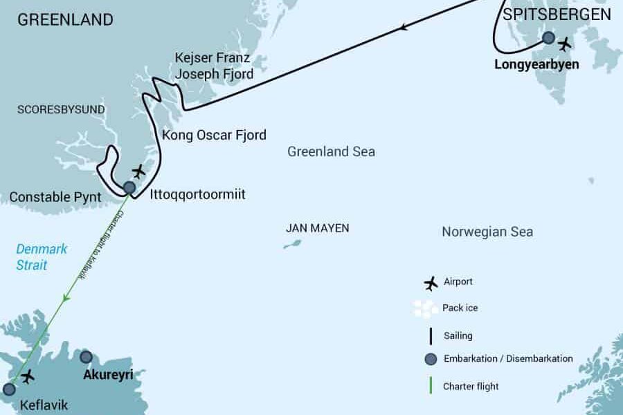 Route map of Spitsbergen Northeast Greenland Arctic cruise, operating from Longyearbyen, Norway, to Keflavik, Iceland.