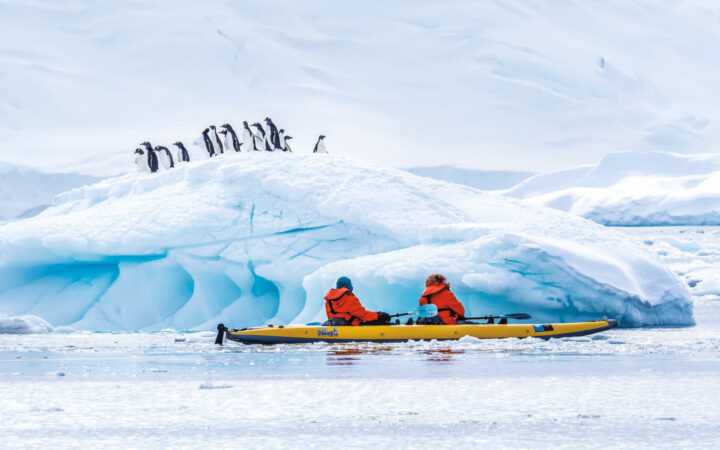 Tandem kayakers in inflatable yellow boat float past blue iceberg with small group of black & white penguins in Antarctica.