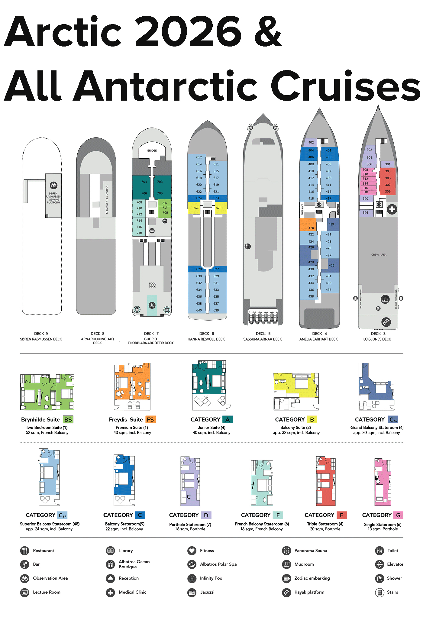 Arctic 2026 & all Antarctic cruises deck plan of Ocean Albatros ship with 11 colored cabin categories spread across 4 decks of a 7-deck ship.