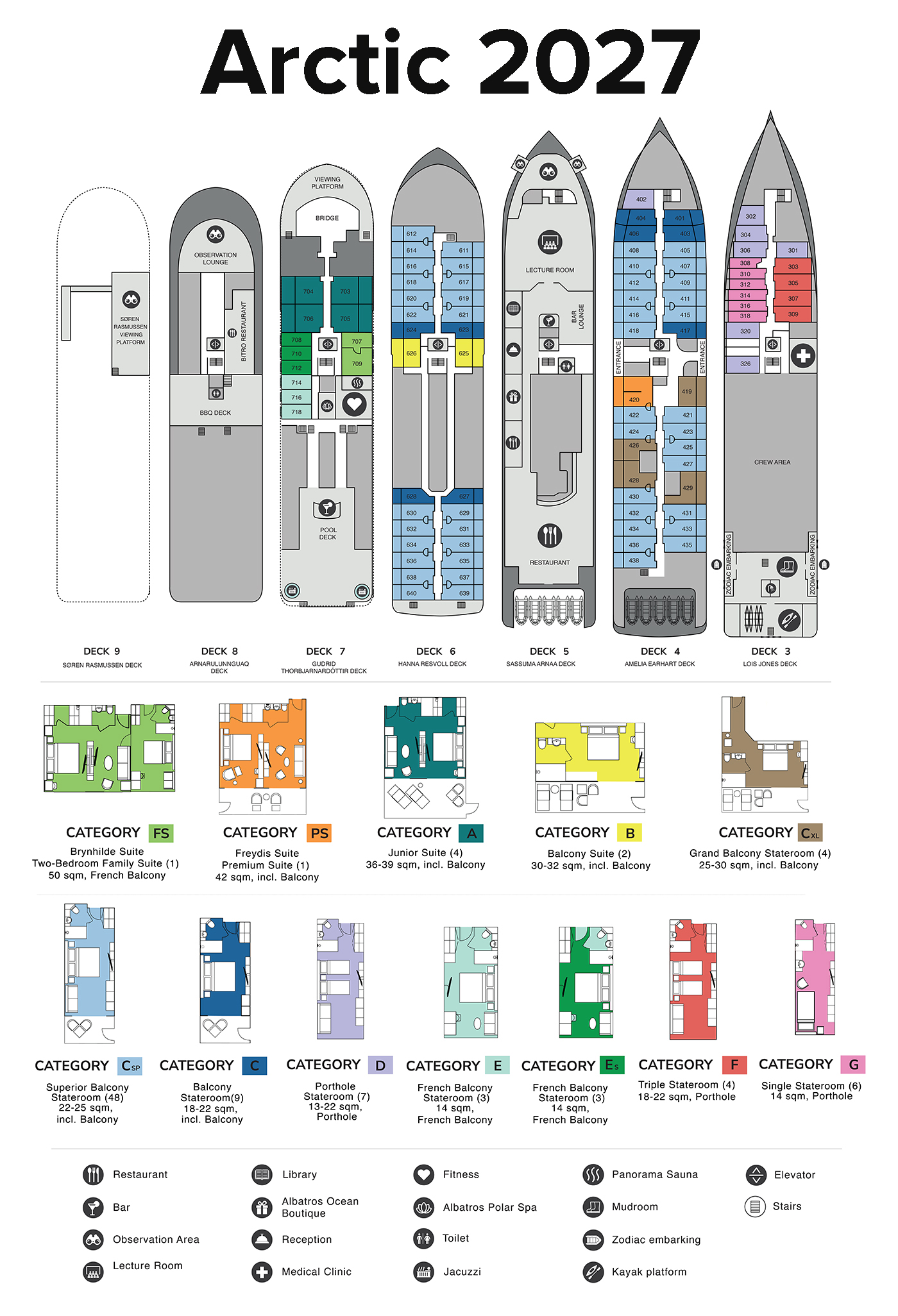 2027 Arctic cruise deck plan of Ocean Albatros ship with 12 colored cabin categories spread across 4 decks of a 7-deck ship.